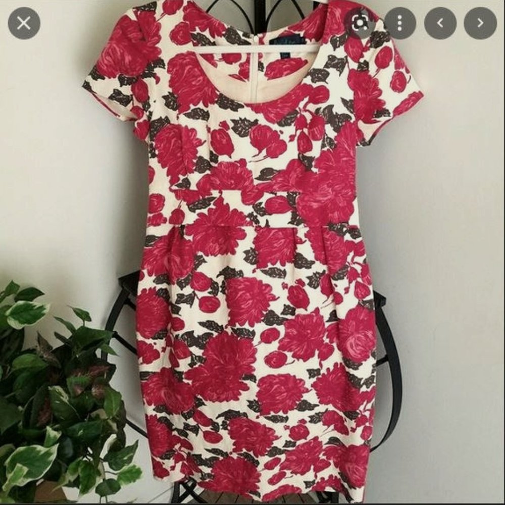 Boden Silk Dress Red & Beige Floral Pencil Dress Size 12 Excellent